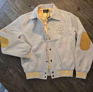 Stylish Beige Bomber Jacket with Yellow Details. Make The First Move Bumble